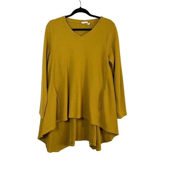LOGO Top Women M Yellow Pullover Tunic Waffle Knit Hi Low Neutral Minimalist 80s - Picture 1 of 10